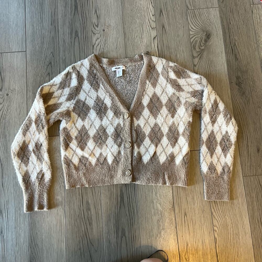 Argyle diamond fuzzy cropped oversized cardigan sweater